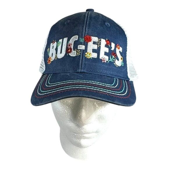 Buc-ee's Embroidered Floral Trucker Hat Blue & White Adjustable Size Mesh Panel - Picture 1 of 8